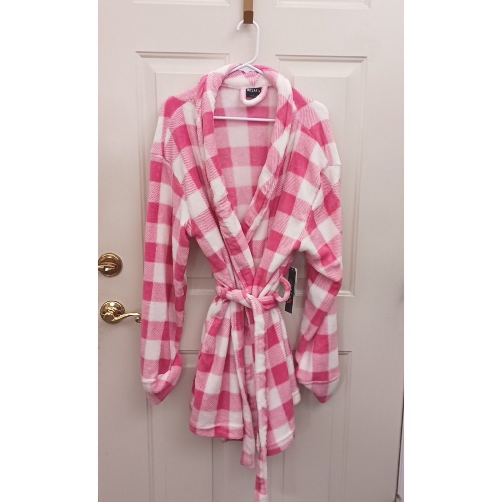 dELiA*s Womens Pink White Buffalo Plaid Fleece Robe Shawl Collar NWT S90725